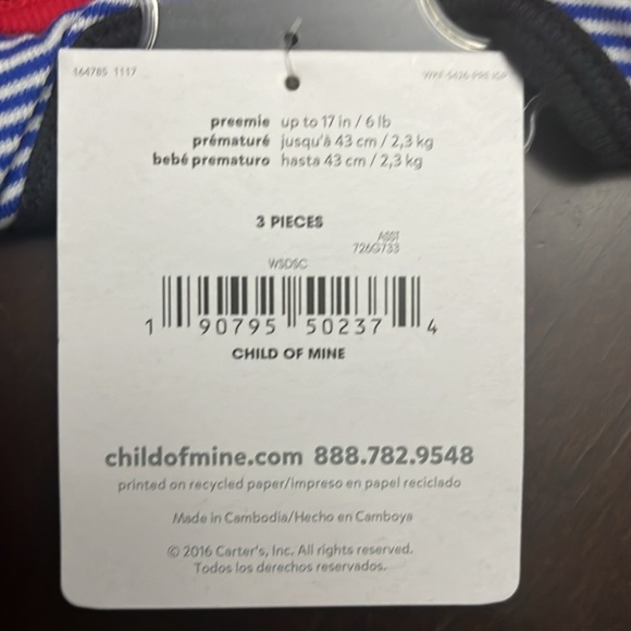 Baby boy bodysuits (3 pieces) -Child of mine Carter’s - Size Preemie- NWT - Picture 5 of 5